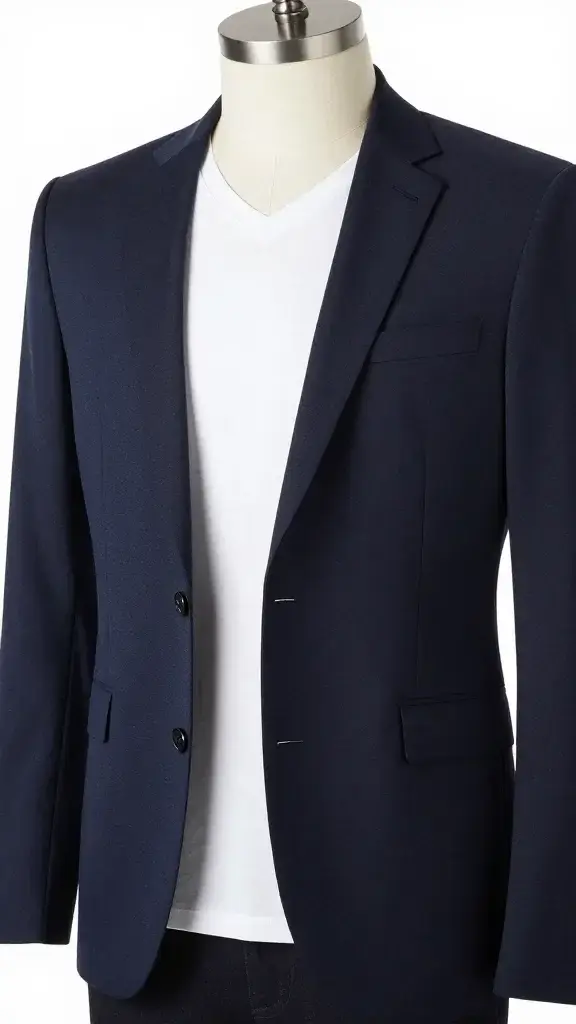 white V-neck tee under navy blazer on mannequin