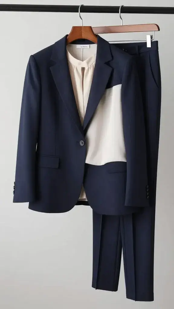 navy blazer, ivory blouse, tailored trousers on hanger