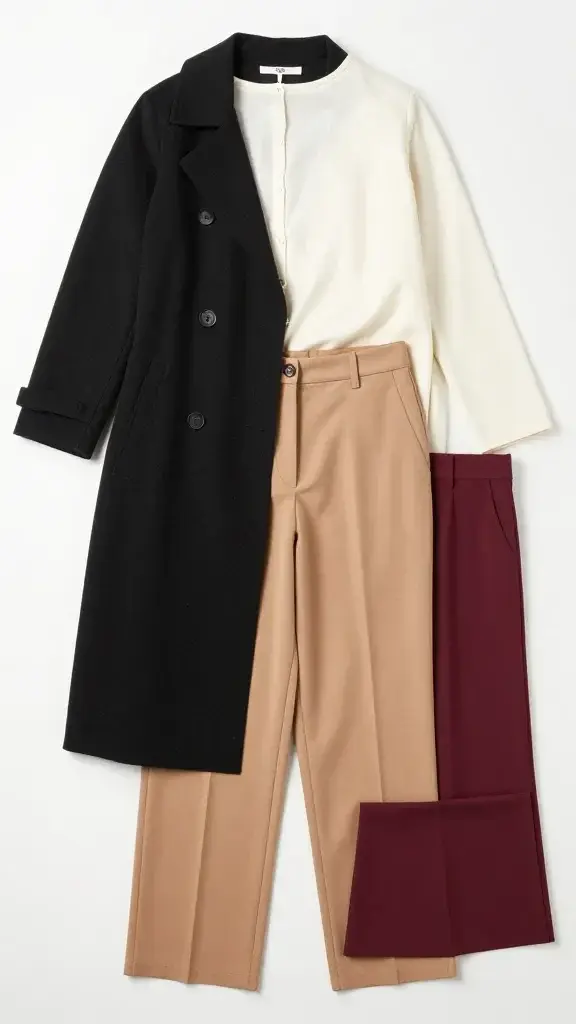 capsule wardrobe flatlay in black, ivory, tan, burgundy