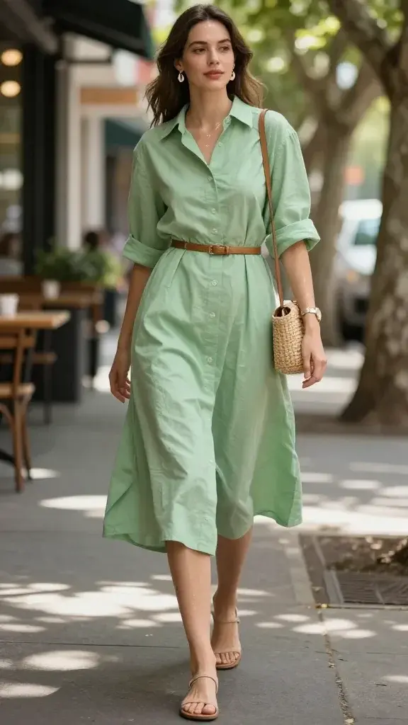 Realistic fashion photography of a breezy-chic weekend look for a humid summer day: a woman in a crisp cotton poplin shirt dress (soft green, mid-thigh to knee length) that skims the body with subtle side vents for movement, worn unbuttoned to mid-chest with rolled sleeves. A thin tan leather belt lightly cinches the waist (removable vibe), paired with minimalist nude strappy flat sandals. Accessories are barely-there: small shell drop earrings, a delicate lightweight gold watch, and a compact woven straw crossbody bag worn high on the hip. Hair is softly pulled back with natural, glowy, humidity-proof skin and a sheer lip tint. She stands on a sunlit, leafy city sidewalk near a café, dappled light filtering through trees, a gentle summer breeze lifting the hem. Color palette: soft green, tan, natural straw, warm neutrals. Camera: full-body, eye level, 50mm lens, shallow depth of field, soft natural lighting, high-resolution editorial street-style photo, no text.