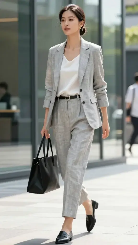 Realistic high-fashion office street-style photo of a confident professional woman in an airy linen power suit, walking past a modern glass building on a bright, humid summer morning. She wears a light gray linen-blend single-breasted blazer with subtle texture and sharp shoulders, paired with matching linen-blend straight-leg, mid-rise trousers. Under the blazer, a clean white silk shell top with a soft sheen peeks through. On her feet: minimalist black leather loafers (optional low block heel), and a slim black leather belt cinches the waist. Accessories: delicate small gold stud earrings and a structured black tote carried in-hand. Hair is sleek in a low bun, natural glowy makeup with a soft matte finish. The suit drapes lightly and catches a gentle breeze to emphasize breathability without wrinkling. Background has soft reflections, faint sun flare, and a few out-of-focus commuters, suggesting a workday. Color palette: cool grays, white, black accents, and warm skin tones. Lighting: bright natural daylight with soft shadows, high-resolution, editorial quality, shallow depth of field, no text.