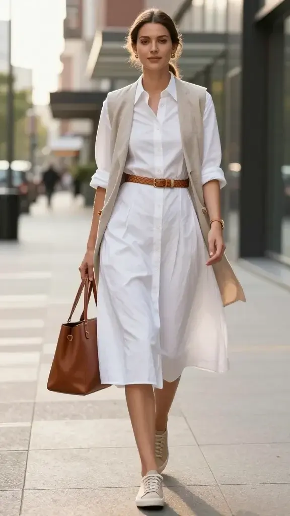 Realistic high-quality fashion photo of a professional woman in a humid summer city setting, showcasing a work-ready look that beats the heat: she wears a crisp cotton poplin midi shirtdress in cool white with subtle structure, styled with a slim woven tan leather belt (replacing the dress’s tie belt) to cinch the waist; paired with sleek low-profile leather sneakers in sand, pristine and minimal. Accessories: thin tan leather watch, small gold stud earrings. Light layering: a breathable linen longline vest in pale taupe draped open for movement. Scene: early morning golden light on a shaded city sidewalk near modern office buildings, faint heat haze in the background, glossy subway entrance nearby to suggest a commute. The model stands mid-stride, one hand adjusting the vest, the other holding a slim leather tote in cognac. Styling details: rolled shirt sleeves to the elbow, clean center part low ponytail, natural dewy makeup, soft matte nails. Fabric textures visible—crisp poplin, airy linen, smooth leather. Color palette: white, sand, taupe, cognac, and soft gold. Composition: full-body, eye-level, shallow depth of field, soft directional light, editorial street-style vibe, no text.