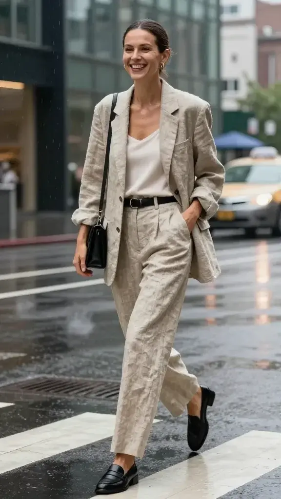 Realistic high-fashion street-style photo of a woman wearing a linen-blend power co-ord that laughs at humidity: slightly oversized linen-blend blazer with relaxed shoulders and subtle texture, paired with matching high-waisted straight-leg trousers; underneath, a lightweight ivory modal camisole. Footwear: water-resistant black leather loafers with a sleek profile. Accessories: minimalist black leather belt, small black crossbody bag with a slim strap, and simple gold hoop earrings. Setting: rainy, humid city afternoon—soft overcast light, light drizzle with visible raindrops, wet pavement reflecting buildings and soft neon, faint steam rising from a subway grate to convey humidity. The blazer and trousers are a muted sage or sand tone to emphasize breathability and hide rain splashes; fabric shows natural linen slub. Hair is neatly pulled back, light dewy makeup. She’s mid-stride crossing a slick crosswalk, one hand adjusting the blazer lapel, the other holding the crossbody near the hip, confident office-to-drinks energy. Background: blurred modern glass buildings, a taxi passing with motion blur, umbrellas in the distance. Camera: 50mm lens, eye-level, shallow depth of field (subject crisp, background bokeh), natural color grading, high-resolution, realistic textures, no text.