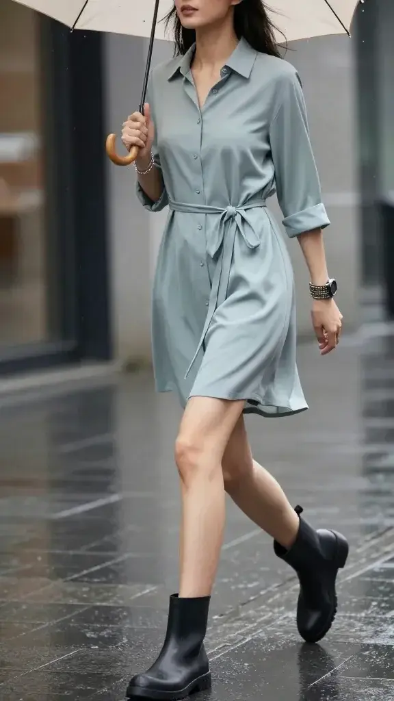 Realistic fashion street-style photo of a woman wearing a Tencel (lyocell) shirt dress that dries fast and moves better, captured on a humid, lightly rainy day in a modern city. The dress is mid-thigh to knee length, soft drape, matte finish, light sage or dusty blue, with a subtle tie waist and buttons, skimming the body without clinging. She pairs it with lightweight moisture-wicking slip shorts (not visible, but implied by smooth silhouette), waterproof ankle boots in black matte rubber, and carries a compact, minimalist umbrella in a neutral tone with light rain droplets visible. Accessories: stacked mixed-metal bracelets and a sporty digital watch. Hair is slightly tousled from humidity, dewy natural makeup. She’s mid-stride on a wet sidewalk with soft reflections, overcast diffused lighting, shallow depth of field, raindrops suspended, natural movement in the fabric to show flow and breathability. Color palette: cool neutrals with soft greens/blues. Photographed at eye level, 50mm lens look, ultra-detailed textures (Tencel drape, rain speckles on boots), editorial-quality, no text.