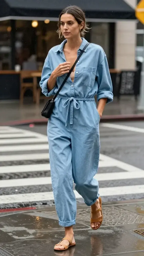 Realistic street-style fashion photo of a woman wearing a lightweight light-blue chambray jumpsuit that looks like denim but is airy, with a relaxed, slightly oversized fit, cuffed sleeves and cuffed tapered ankles, and a subtle drawstring waist tied in front. She pairs it with a moisture-wicking nude bralette peeking subtly at the neckline, minimal delicate gold chain necklace, rubber-soled tan fisherman sandals, and a small black crossbody phone bag worn high and close to the body. Scene: humid, drizzly city day—soft overcast light, fine misty rain droplets visible, wet pavement reflections, muted urban backdrop with blurred café awnings and slick crosswalk lines. Her hair is loosely tied back with a few wisps framing her face; natural dewy makeup. Pose: mid-stride on a city sidewalk, one hand adjusting the crossbody strap, the other casually in a pocket, relaxed confident expression. Emphasize breathable texture of chambray, gentle movement in fabric, and practicality for humid drizzle. Shot on a 50mm lens, shallow depth of field, high-resolution, editorial street-style aesthetic, no text.