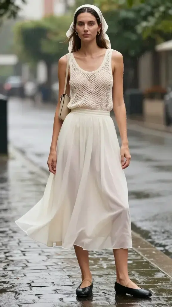 Realistic street-style fashion photo on a humid, drizzly day featuring a woman wearing a whisper-thin yet opaque cotton voile midi skirt with a soft lining and an elastic waist, paired with an ivory open-knit mesh tank layered over a breathable nude bralette; styled with rubberized black ballerina flats, a lightweight silk scarf tied over her hair for frizz control, and small gold hoop earrings. She stands on a slick cobblestone sidewalk with soft reflections from recent rain, mist in the air, and lush greenery in the background. The skirt moves lightly with a breeze, showing airy flow without transparency; the mesh tank’s open texture is visible but tasteful. Color palette: soft neutrals—ivory, sand, and black accents. Natural dewy skin, minimal makeup, loose tendrils escaping the scarf. Props: a compact crossbody bag tucked close to the body, no umbrella. Lighting: overcast diffused daylight for soft shadows and high detail. Camera: 50mm lens, waist-up to mid-calf framing, shallow depth of field (f/2.8) to blur the background. Emphasize breathability, comfort, and non-sticky elegance in humid rainy conditions; high-resolution, editorial quality, no text.