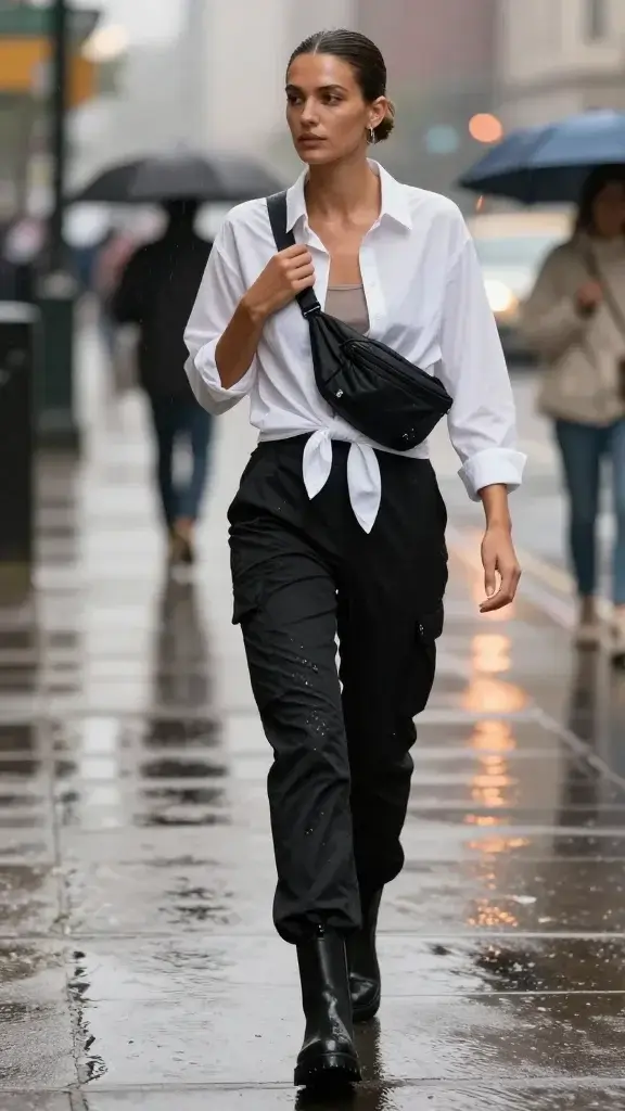 Realistic high-fashion street photo on a misty, humid, rain-speckled city sidewalk at golden hour. Main subject: a stylish woman mid-20s, medium skin tone, sleek low bun, minimal makeup with dewy finish, wearing a white performance cotton-poplin button-up (slight stretch, quick-dry sheen) layered open over a taupe ribbed tank; shirt casually tied at the waist for airflow. Bottoms: high-waisted black tech-taffeta cargo pants with subtle water-beading, articulated knees, and matte finish. Footwear: black waterproof Chelsea boots with chunky sole, faint raindrops visible. Accessories: slim silver minimal stud earrings, black nylon convertible belt bag worn crossbody high on the torso. She’s walking confidently, one hand adjusting the bag strap, the other brushing light drizzle from her shirt. Background: glossy wet pavement reflecting city lights, blurred passing umbrellas, soft overcast sky, gentle motion blur from drizzle. Lighting: soft diffused natural light with slight rim highlight on fabric textures. Emphasize crisp, breathable poplin and resilient tech-taffeta textures, water-resistance beading, and a put-together, storm-ready vibe. Shot on a 50mm lens, shallow depth of field, high-resolution, editorial street-style aesthetic, no text.