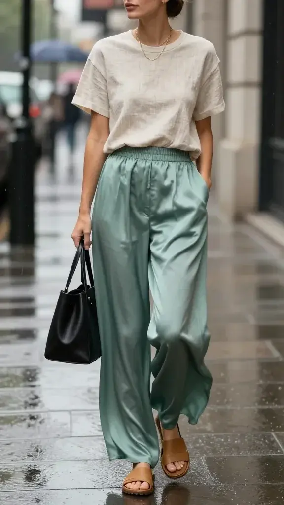Realistic street-style fashion photo on a humid, drizzly day showcasing a woman wearing a ramie or hemp-blend slightly cropped T-shirt and silk-blend wide-leg trousers with an elastic back; the tee is softly structured and breathable, the trousers have a subtle satin sheen and fluid drape that moves with a light breeze. She finishes the look with tan leather slide sandals featuring grippy rubber soles, a structured mini tote in smooth black leather, and layered delicate gold necklaces that catch soft light. The scene is an upscale city sidewalk with wet pavement, soft reflections, and misty overcast skies; light raindrops bead on surfaces, faint bokeh of umbrellas in the background. The model has dewy, natural makeup and a sleek low bun; posture relaxed, one hand in pocket to emphasize the trouser waist. Color palette: oat-milk tee, slate or eucalyptus-green trousers, tan sandals, black tote, warm gold jewelry. Fabric textures are clearly visible: ramie’s matte weave with slight crispness, silk-blend’s glossy flow. Shot at eye level, 50mm lens, shallow depth of field, high-resolution editorial photography, natural diffused lighting, no text.