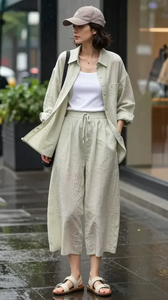 Realistic street-style fashion photo of a woman wearing a breathable double-gauze cotton co-ord in a humid, lightly rainy city setting: a pale sage double-gauze button-up shirt left slightly open over a white ribbed tank, paired with matching double-gauze wide-leg culottes, sporty beige velcro sandals, a muted taupe water-resistant baseball cap, and a delicate gold pendant necklace. She stands on a damp sidewalk with soft puddle reflections, overcast diffused light, and light drizzle misting the scene; subtle wind lifts the gauze fabric to show its featherlight texture. She carries a small packable nylon crossbody, minimal makeup, dewy skin, and natural waves tucked under the cap. Background shows blurred urban greenery, raindrop-speckled glass storefronts, and muted neutral tones. Emphasize breathable texture, airy movement, and wrinkle-resistant look; high-resolution, shallow depth of field, candid mid-step pose, editorial fashion photography, no text.