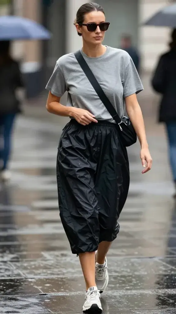 Realistic street-style fashion photo on a humid, drizzly city day featuring a woman wearing a slightly relaxed-fit ultrafine merino T-shirt in cool heather gray paired with a black nylon parachute skirt with a subtle sheen and an adjustable drawcord hem, captured mid-stride for swishy movement; trail-inspired sneakers with grippy soles in off-white and charcoal, a compact black crossbody nylon bag with a visible waterproof zipper, and bold acetate statement sunglasses. Light rain mist and damp pavement with soft reflections, overcast sky, moisture on surfaces, and a few blurred umbrellas in the background for atmosphere. Hair is pulled back in a low, sleek bun; minimal dewy makeup. She’s adjusting the skirt’s drawcord with one hand, the crossbody strap angled across the chest. Natural color palette: grays, blacks, and soft neutrals. Shot at eye level with a 50mm lens, shallow depth of field, high-resolution, crisp fabric textures (fine merino knit, ripstop nylon), soft diffused lighting, editorial sporty-luxe aesthetic, no text.