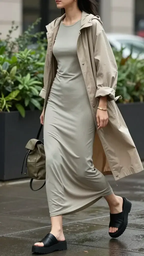 Realistic high-fashion street style photo of a woman wearing a bamboo viscose jersey maxi dress with subtle sheen, side slits to mid-calf, and a skim-fit silhouette that drapes fluidly, in a muted sage or soft charcoal. Layered with an ultralight, featherweight water-resistant anorak in a pale khaki or sand tone, semi-matte finish, with a minimal hood and cinched waist toggle. Footwear: black platform fisherman sandals with chunky soles or matte rubberized mules. Accessories: compact mini backpack in coated canvas (olive or taupe), thin minimalist cuff bracelet in brushed gold, and tiny stud earrings. Scene: humid, overcast city sidewalk just after a light sprinkle; faint puddles, soft reflections, lush greenery and wet pavement for atmosphere, gentle breeze giving the dress movement. Lighting: natural diffused daylight, slightly cool tone for a fresh, breathable feel. Composition: 3/4 body shot, subject mid-stride, candid editorial vibe, shallow depth of field with softly blurred urban background. Wardrobe textures and drape emphasized; water-resistant anorak slightly beaded with droplets. Ultra-detailed fabric realism, crisp color accuracy, high-resolution fashion photography.
