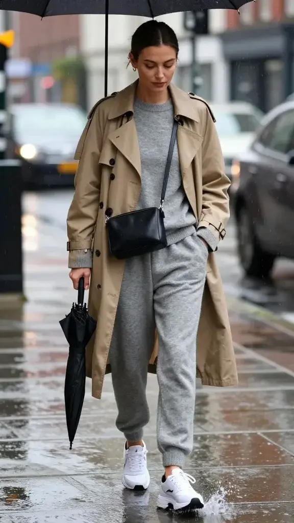 Realistic high-fashion street-style photo of a woman transforming a cozy indoor lounge look into an outdoor rain-ready outfit: she wears a heather gray cashmere-blend matching lounge set (relaxed crewneck and tapered joggers) layered under a sleek, water-resistant tan trench coat, collar popped. On her feet: chunky white waterproof sneakers with subtle black accents and a slightly platformed sole, splashing through shallow puddles on a glossy, rain-slick city sidewalk. She carries a structured black leather crossbody bag with a zipped top worn high across the chest, and holds a compact black travel umbrella just opening as fine drizzle falls. Scene is a moody overcast afternoon in a modern urban neighborhood—soft reflections on wet pavement, blurred passing cars, and glistening brick facades. Hair is pulled into a low, polished bun; minimal dewy makeup. Styling details: ribbed cuffs peeking from the trench sleeves, jogger hem sitting above the ankle, subtle gold hoop earrings. Shot at eye level with a 50mm lens, shallow depth of field to keep the subject crisp and background softly bokeh’d. Natural color grading with cool tones, raindrops visible, fabric textures clearly defined, no text.