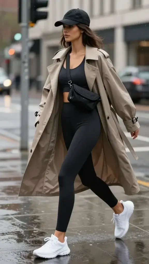 Realistic high-quality street-style fashion photo of a woman caught mid-stride on a rainy city sidewalk, showcasing a “rainy day outfit transformation” from indoor to outdoor-ready. She’s wearing matte, compressive high-waisted black performance leggings and a matching longline sports bra peeking subtly beneath an oversized water-resistant trench in warm taupe with a clean, minimalist silhouette. On her feet: waterproof sleek white sneakers with Gore-Tex detailing and a sculpted sole. Accessories: a structured black baseball cap and a compact, sleek crossbody bag worn high and secure. Light drizzle falls, forming small reflective puddles; she steps confidently to avoid a splash. Background: muted urban streetscape with blurred traffic lights and glossy wet pavement for cinematic bokeh. Lighting: soft overcast natural light with gentle highlights on the trench’s water-resistant texture and raindrops beading on the fabric. Composition: three-quarter body, eye-level angle, shallow depth of field to emphasize the outfit’s textures (matte leggings vs. slick trench), color palette of neutrals and blacks with a crisp white sneaker pop. Wardrobe styling reads as athleisure elevated—intentional, polished, city-ready—no text in frame, ultra-realistic detail.