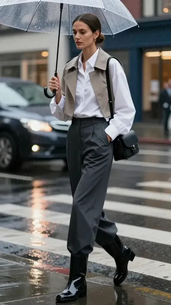 Realistic fashion photography of a stylish woman stepping from a sleek lobby to a rainy city sidewalk, embodying “Rainy Day Outfit Transformations.” She wears a crisp, slightly oversized white cotton-poplin button-up tucked into charcoal water-repellent wide-leg trousers with a sharp crease, paired with glossy black heeled rain booties. A cropped taupe trench with a sharp collar sits structured over her shoulders, lightly beaded with raindrops. She carries a black leather crossbody with a protective flap and subtle hardware. Her hair is neatly pulled back in a low bun, minimal gold hoop earrings, natural makeup with a satin finish. She pauses under a transparent umbrella, one foot angled off a wet curb, capturing motion as tires hiss on slick asphalt, neon reflections ripple in puddles, and soft overcast daylight diffuses through the rain. Background: blurred city crosswalk, muted greys and blues, glowing shopfront bokeh. Camera: 50mm lens, eye-level, shallow depth of field, high-resolution editorial street style, crisp textures of poplin, trench, and water-sheened leather, no text.