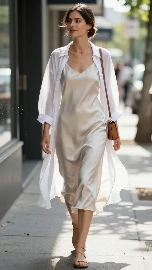 Realistic street-style photo of a woman in a humid, sunlit city scene wearing an airy, bias-cut slip dress in lightweight silk that skims the body without clinging; soft ivory or pale sage color with subtle sheen. Layered with a sheer white cotton voile button-down worn open, lightly billowing in a warm breeze for shade without bulk. She wears minimalist tan leather strappy flat sandals, a delicate thin gold chain necklace, small gold hoop earrings, and a slim crossbody phone bag in caramel leather. Optional anti-humidity detail: a sleek, frizz-resistant low bun with flyaways tamed, natural dewy skin, and barely-there makeup. She walks along a leafy sidewalk with dappled light, slightly overcast-bright sky, faint heat haze, beads of condensation on nearby café glasses to suggest humidity. Fabric textures clearly visible: fluid drape of the slip, transparency of the gauzy shirt, matte leather of the bag and sandals. Natural pose mid-stride, soft smile, looking off-camera. Photographed at eye level with a 50mm lens, shallow depth of field, high-resolution editorial quality, no text.