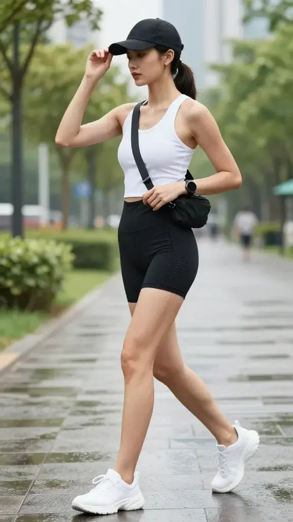Realistic high-quality street-style photo of a sporty-cool summer outfit designed to beat extreme humidity in the city: a woman in her mid-20s wearing a high-waisted black technical-fabric skort with subtle perforation panels and a ribbed white racerback tank, styled with chunky-yet-lightweight white trainers, a matte black baseball cap, and a sleek black belt bag worn crossbody. She has simple gold stud earrings and a minimalist black silicone sport watch. The scene is a bright, overcast humid morning on a modern city park pathway with lush green trees, glistening pavement, and soft diffused light, slight sheen on skin for a heat-realistic look, natural makeup, hair in a low ponytail tucked through the cap. Pose: mid-stride walking shot, one hand adjusting the cap, the other resting near the belt bag, confident and cool. Include breathable textures, visible mesh details on the skort, moisture-wicking rib on the tank, and airy sockless styling. Color palette: monochrome black and white with subtle silver hardware. Depth of field: shallow, crisp subject with softly blurred urban greenery and skyline hints. No text or logos, editorial fashion photography style.