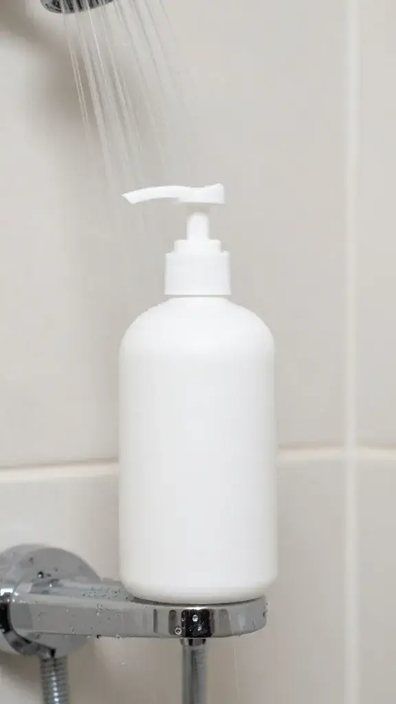 Sulfate-free shampoo bottle under shower stream, clean tile background