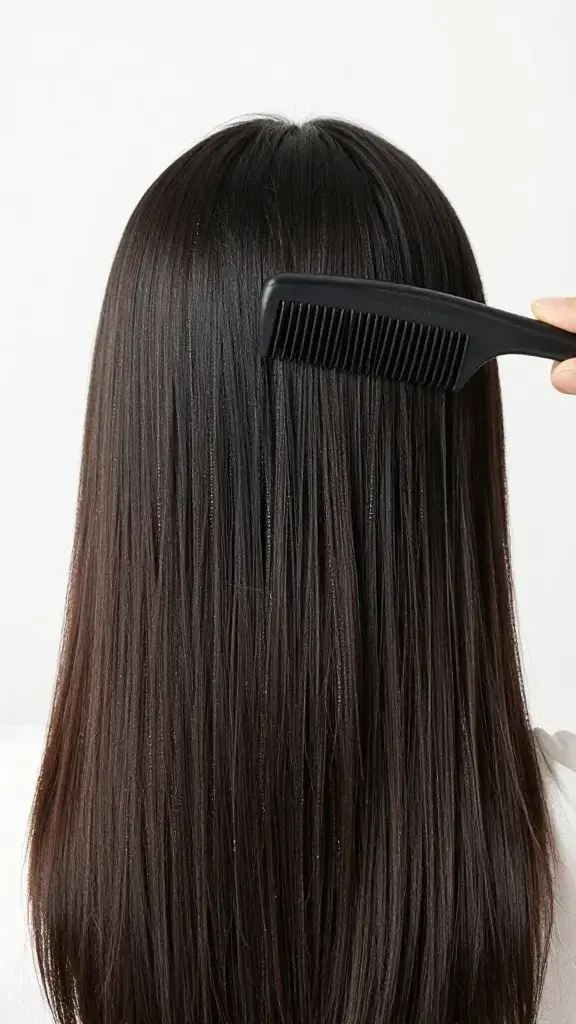 Wide-tooth comb distributing conditioner through mid-lengths, damp hair