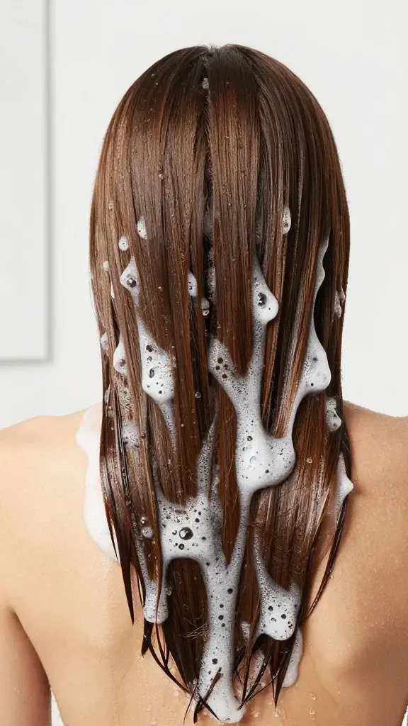 Cool water rinse on glossy brunette hair, bathroom lighting
