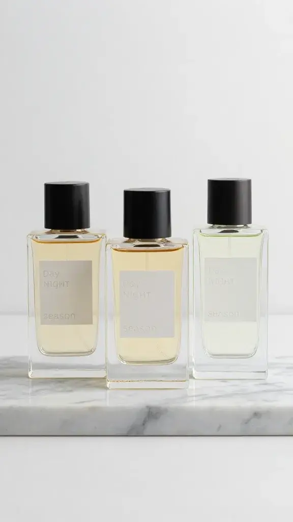 three perfume bottles labeled day night season on marble