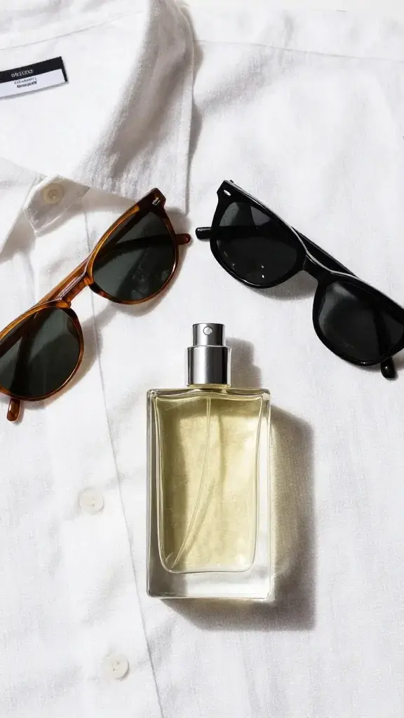 citrus daytime perfume beside sunglasses and linen shirt