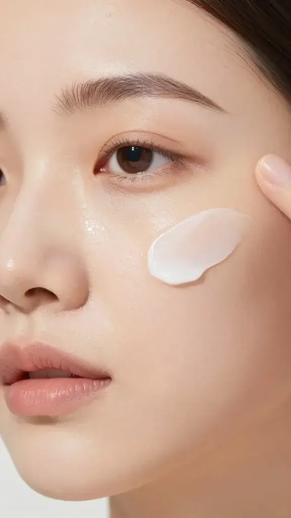 dewy face applying gel-cream moisturizer, close-up, soft light