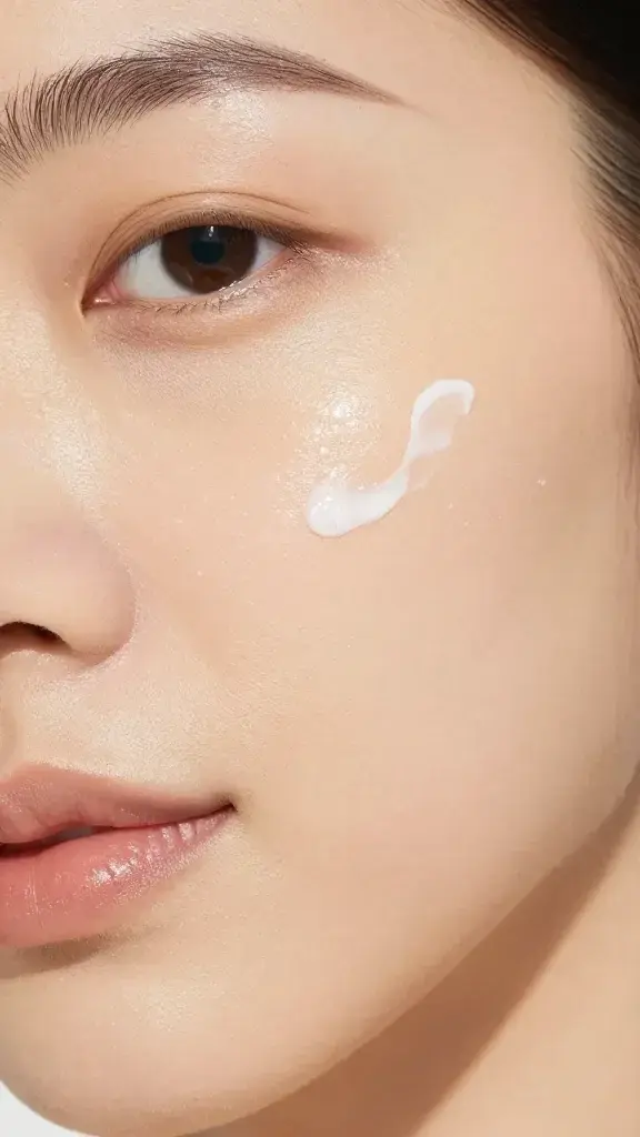 SPF 30 sunscreen dotted on cheekbones, macro beauty shot