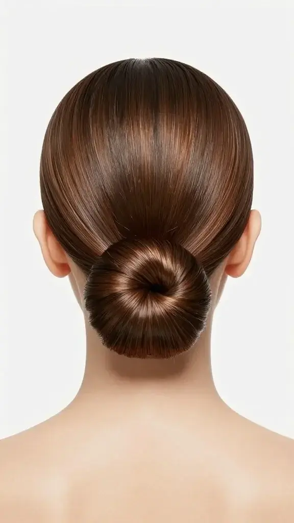 Ultra-sleek low bun, center part, high-shine finish