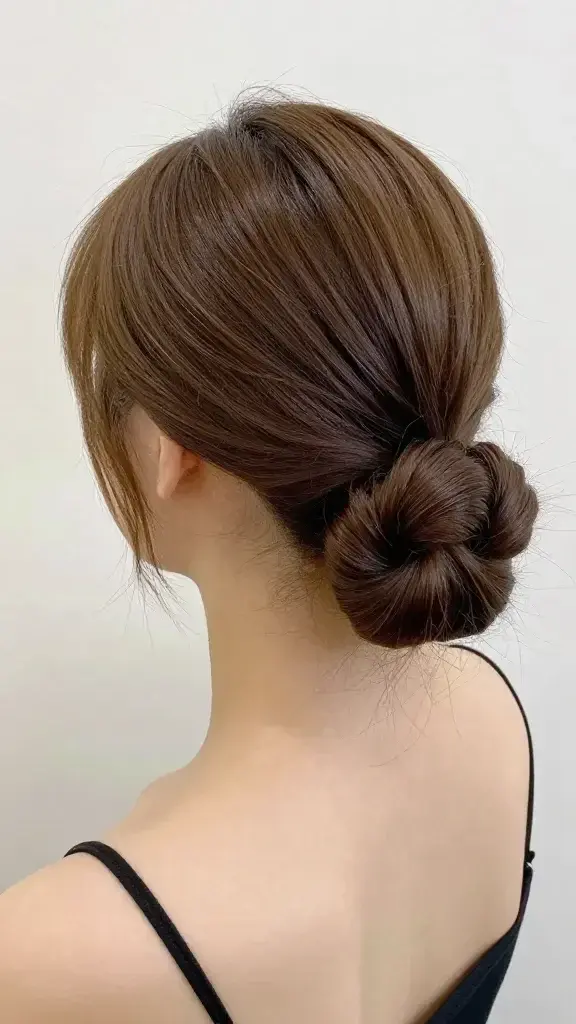 Soft polished mid bun, gentle side part, slight crown volume