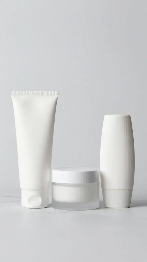 minimalist skincare trio on marble: cleanser, moisturizer, SPF