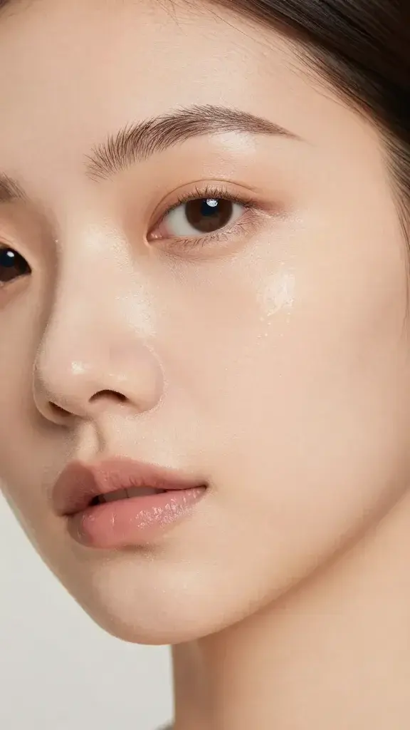 close-up dewy skin, no makeup, neutral background
