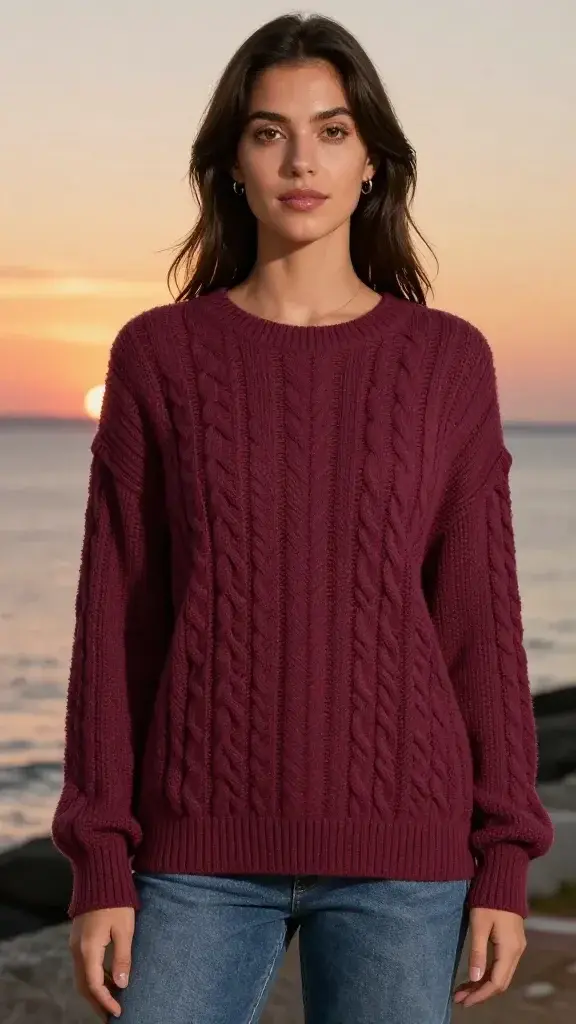 lightweight cable sweater tied over shoulders, marina sunset