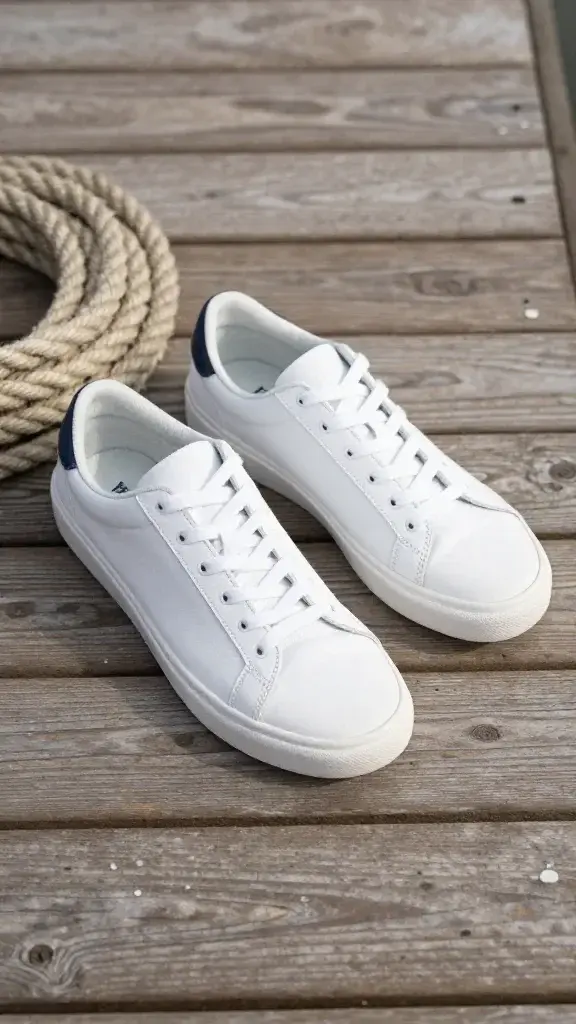 white deck sneakers on teak dock, coiled rope nearby