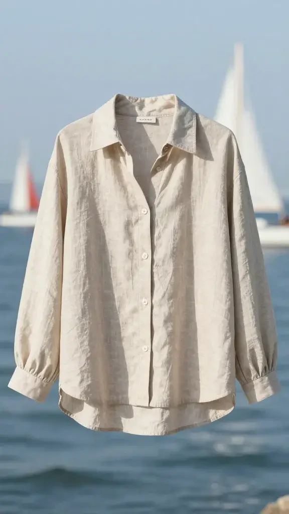 linen blouse with windbreaker layered, sailboats out-of-focus