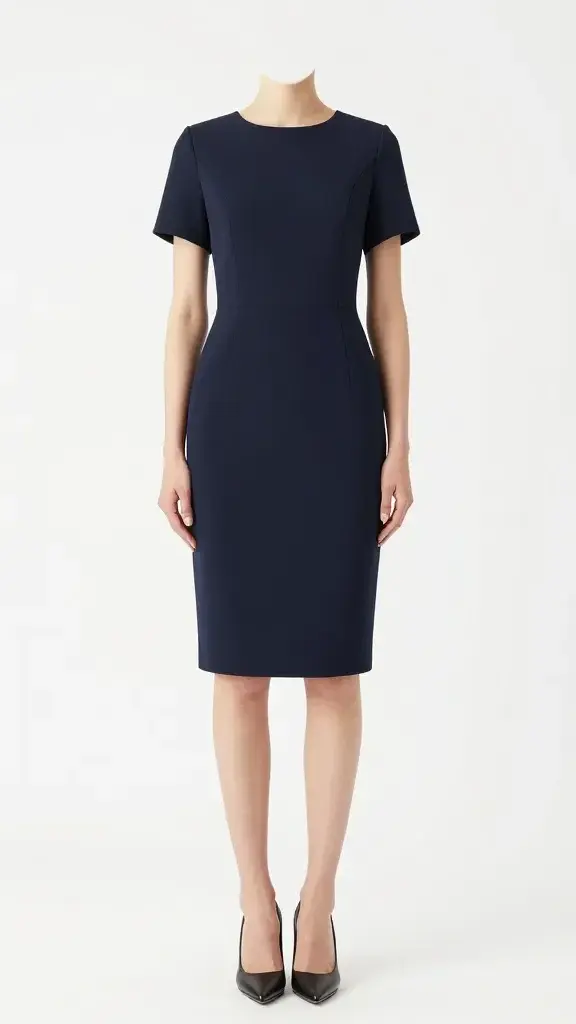 navy sheath dress with black pumps, white backdrop