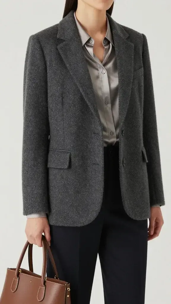 charcoal blazer over silk blouse, leather tote, studio lighting