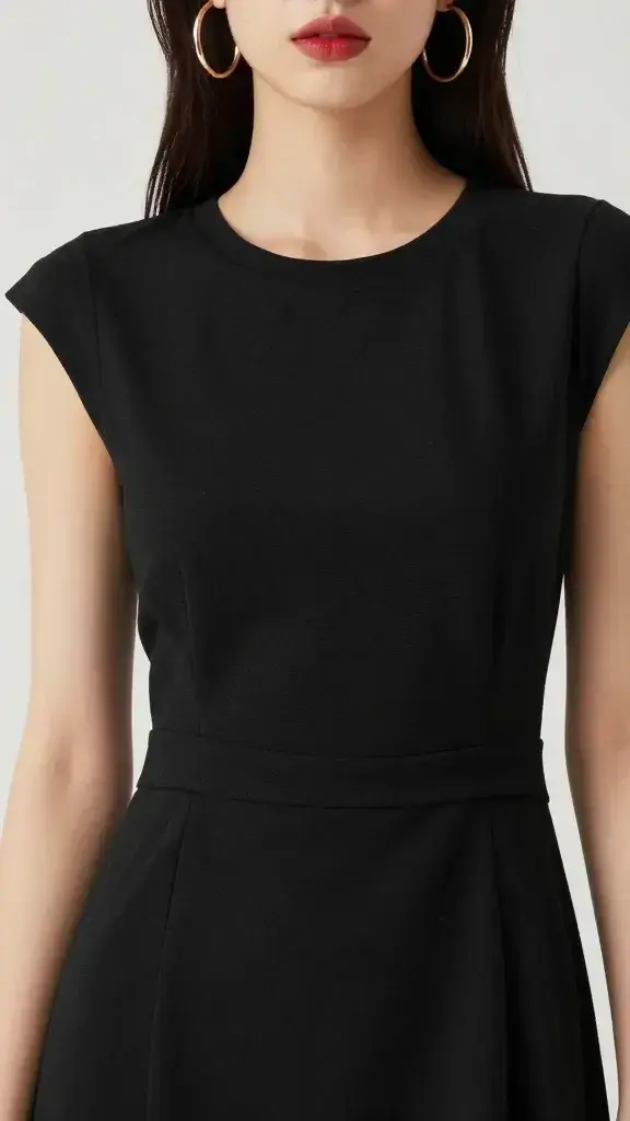 black column dress, gold hoop earrings, red lip, close-up