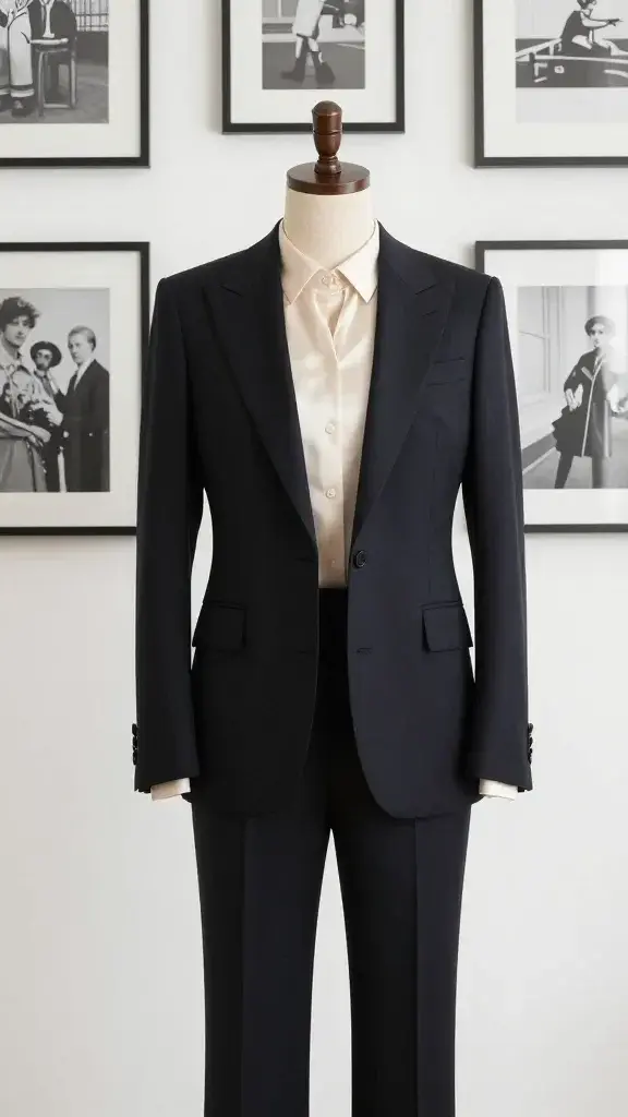tailored black blazer over silk blouse, gallery wall backdrop