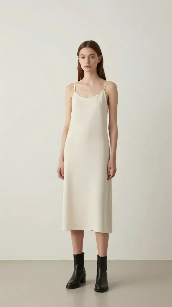 minimalist slip dress with ankle boots, soft gallery lighting