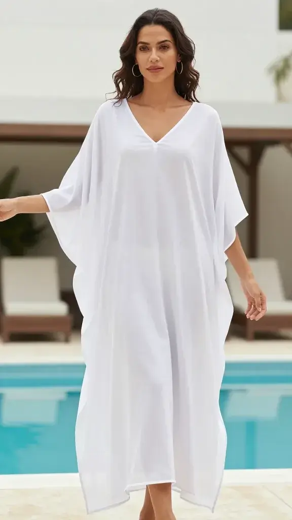 Sheer white kaftan billowing by poolside cabana