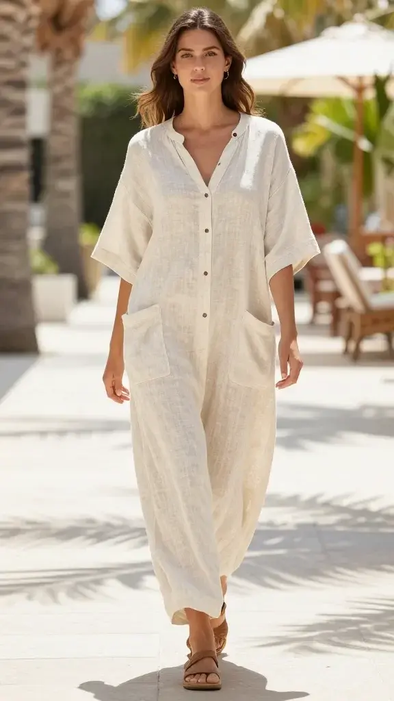 Lightweight linen cover-up with pockets, sunlit resort walkway