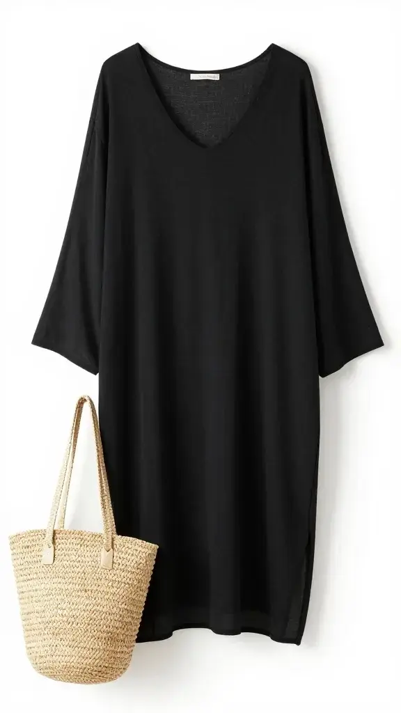 Minimalist black tunic cover-up, straw tote, midday sun