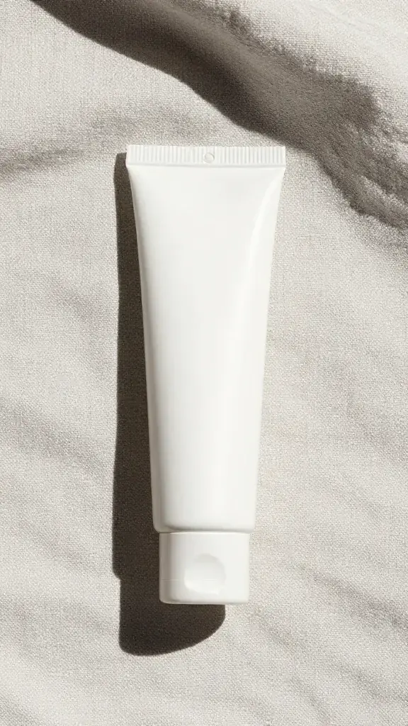 Matte SPF tube on linen with summer sunlight
