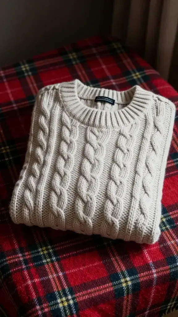 cable knit sweater folded on tartan blanket, cozy lighting