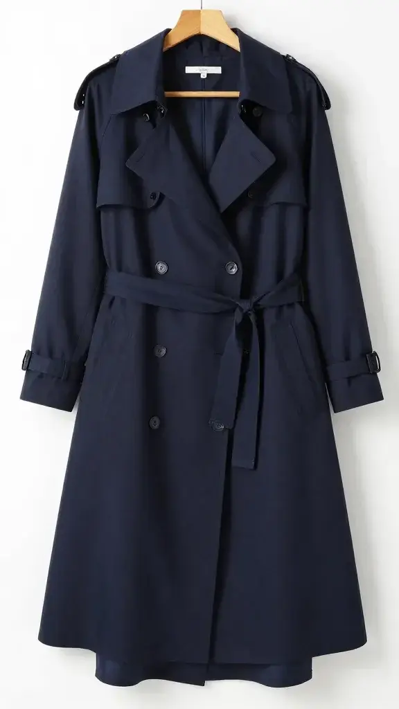 navy midi dress with trench coat on hanger, evening glow