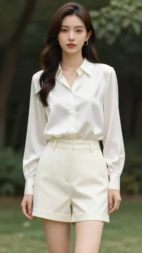ivory silk blouse with tailored shorts, garden light