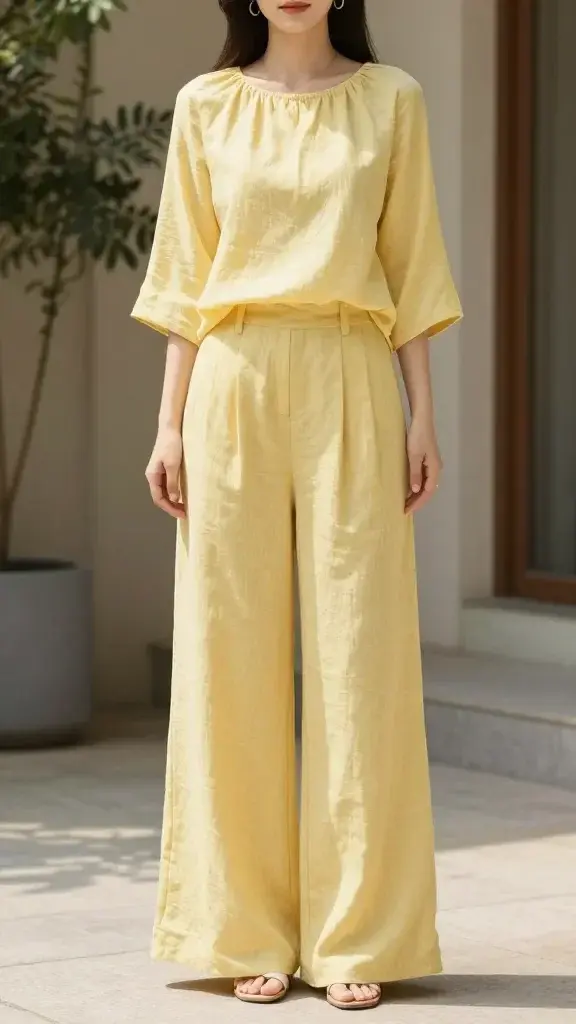 butter yellow blouse and linen wide-leg trousers, patio