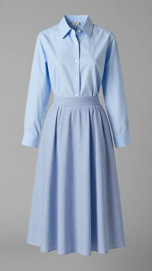 soft blue poplin shirt with seersucker midi skirt