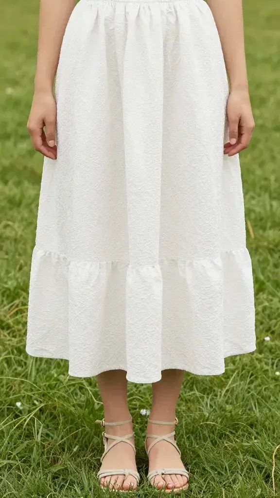 crinkle cotton column skirt with strappy sandals, grass backdrop