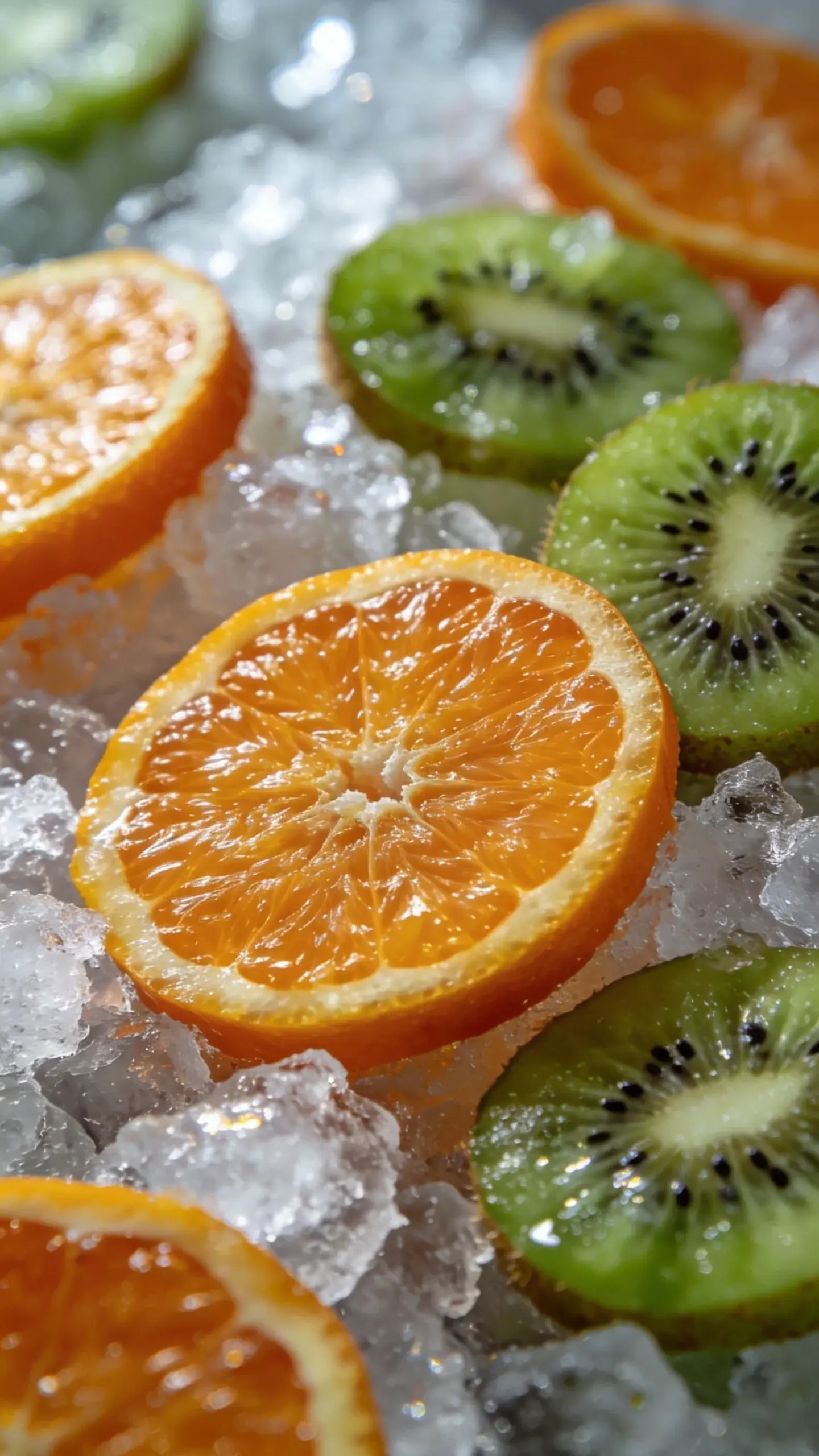 Sliced oranges and kiwis on crushed ice